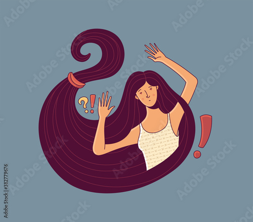 Young woman character wrapped with own long hair with question and exclamation marks on light grey background as illustration of psychotherapy concept