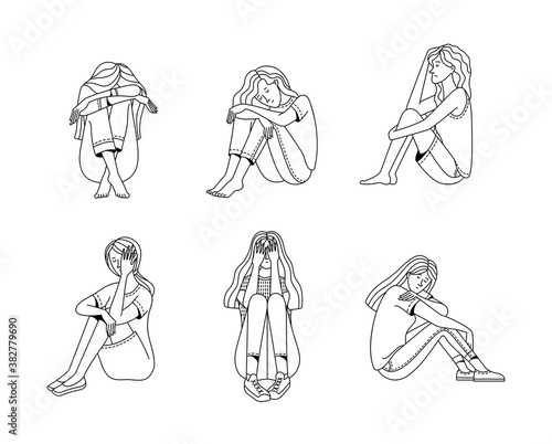 Set of female characters suffering from mental disorder vector outline illustration. Linear cartoon illustration of loneliness, anxiety, depression, and psychotherapy monochrome concept