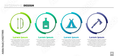 Set Bow and arrow in quiver, Whiskey bottle, Indian teepee or wigwam and Tomahawk axe. Business infographic template. Vector.