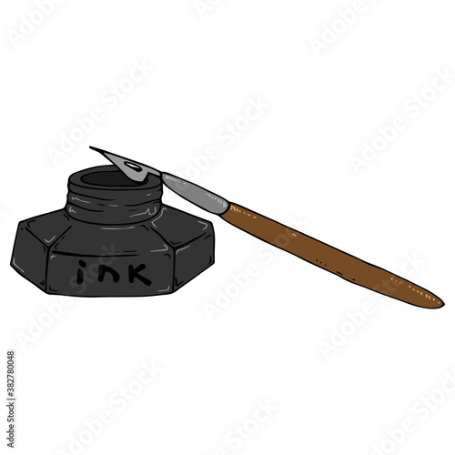 Inkwell with a pen for calligraphy. Vector illustration of a pen and ink. Hand drawn inkwell with a feather.