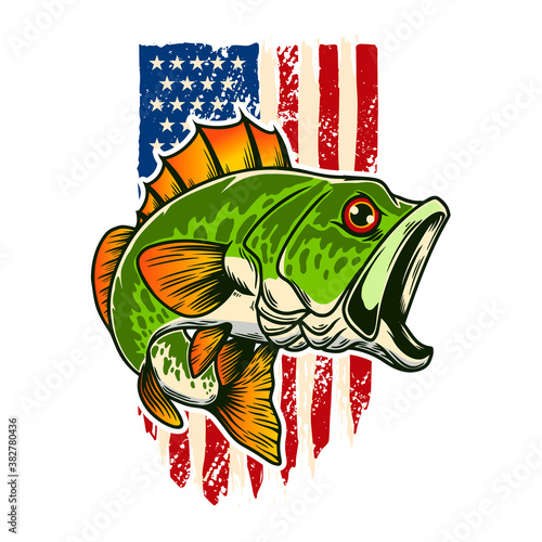 Illustration of bass fish of background of usa flag in grunge style. Design element for poster,card, banner, sign, emblem. Vector illustration