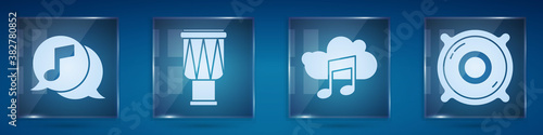 Set Musical note in speech bubble, Drum, Music streaming service and Stereo speaker. Square glass panels. Vector.
