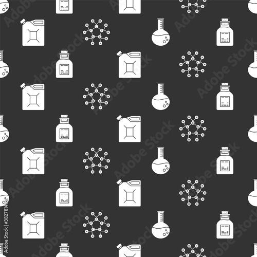Set Oil petrol test tube, Oil petrol test tube, Canister for gasoline and Molecule oil on seamless pattern. Vector.