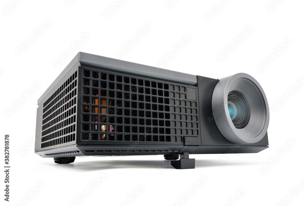 Perspective view of black LCD Projector video presentation and home Entertainment isolated on white background with clipping path Perspective view of black LCD Projector video presentation and home Entertainment isolated on white background with clipping path