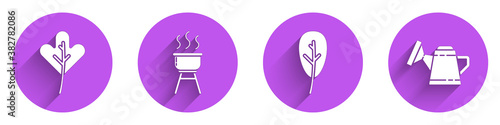 Set Leaf or leaves, Barbecue grill, Leaf or leaves and Watering can icon with long shadow. Vector.
