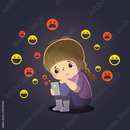 Vector illustration cartoon of sad girl victim of cyberbullying online sitting alone in the darkroom.