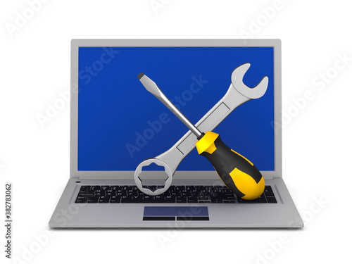 laptop and tool on white ba...