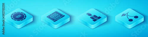 Set Isometric Casino chips, Laptop and slot machine, Casino slot machine with cherry and Casino dealer icon. Vector.