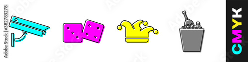Set Security camera, Game dice, Joker playing card and Champagne in an ice bucket icon. Vector.