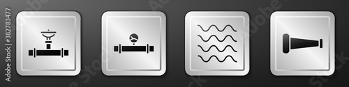 Set Industry pipe and valve, Industry pipe and manometer, Wave and Industry metallic pipe icon. Silver square button. Vector.
