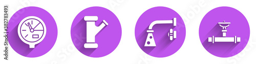 Set Water meter, Industry metallic pipe, Water tap and Industry pipe and valve icon with long shadow. Vector.