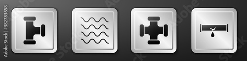 Set Industry metallic pipe, Wave, Industry metallic pipe and Broken pipe with leaking water icon. Silver square button. Vector.
