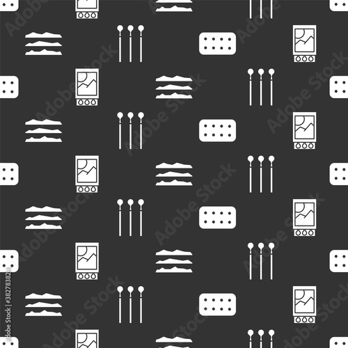 Set Pills in blister pack, Open matchbox and matches, Cocaine or heroin drug and Matches on seamless pattern. Vector.