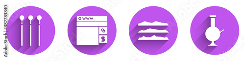 Set Matches, Buying drugs online, Cocaine or heroin drug and Glass bong for smoking marijuana icon with long shadow. Vector.
