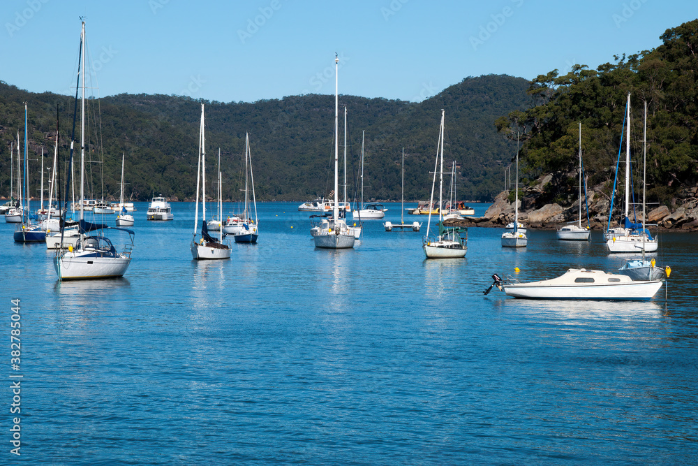 Brooklyn Australia, view across river with moored boats to nature reserve