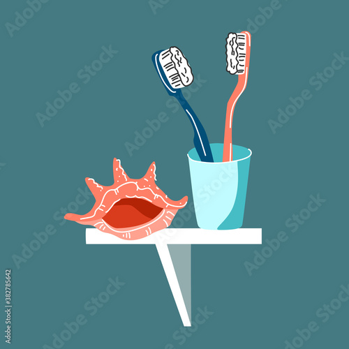 Bathroom shelf with glass with two toothbrushes and seashell. Daily self care and hygiene. Dental health brush your teeth. Home interior. Stock vector flat illustration isolated