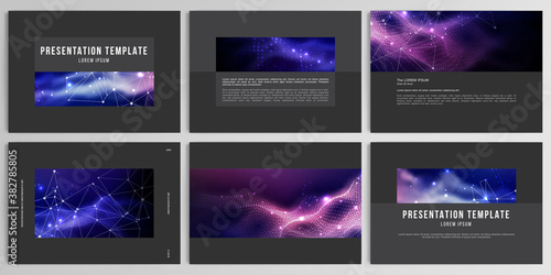 Vector layouts of presentation templates for brochure, cover design, flyer, book design, magazine, poster. Digital data visualization, polygonal science dark background.