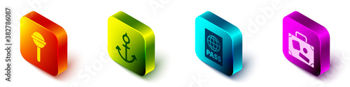 Set Isometric Lollipop, Anchor, Passport and Suitcase icon. Vector.
