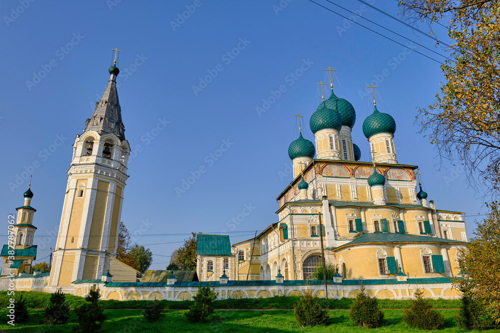 Scenic view of Resurrection Cathedral in small touristic town Tutayev in Yaroslavl oblast in Russian Federation.  Beautiful summer sunny look of old church in little town on Volga river