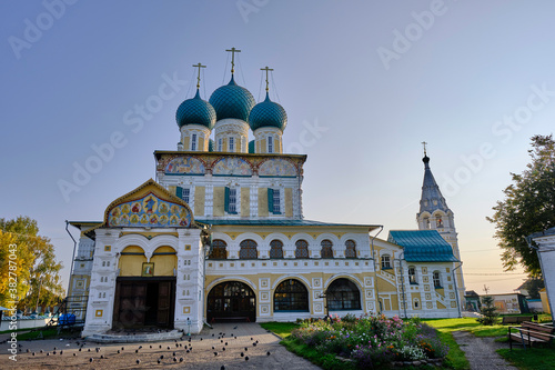 Scenic view of Resurrection Cathedral in small touristic town Tutayev in Yaroslavl oblast in Russian Federation. Beautiful summer sunny look of old church in little town on Volga river