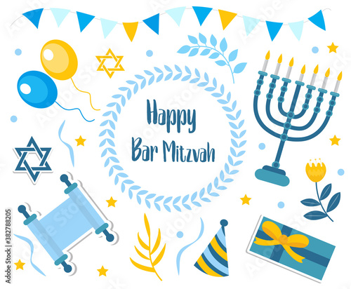 Happy bar mitzvah set. Collection of design elements for Jewish holiday birthday with menorah, torah, balloons, gifts. Vector illustration, clip art photo