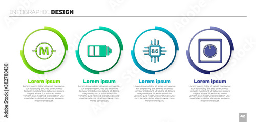 Set Electric circuit scheme, Battery charge level indicator, Processor with microcircuits CPU and Electric light switch. Business infographic template. Vector.