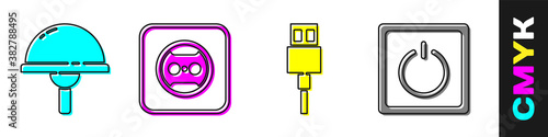 Set Light emitting diode, Electrical outlet, USB cable cord and Electric light switch icon. Vector.