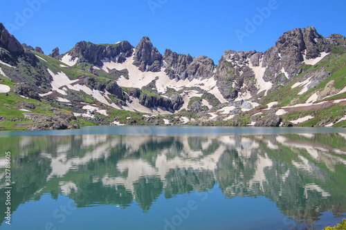 a glacial lake in mountains, winter season, cold weather and blue sky, snowy mountains 