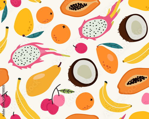 Seamless pattern of tropical fruit background elements. Hand-drawn fruit doodles. The tropical pattern of banana, coconut, dragon fruit, papaya, mango, orange, and lychee.
