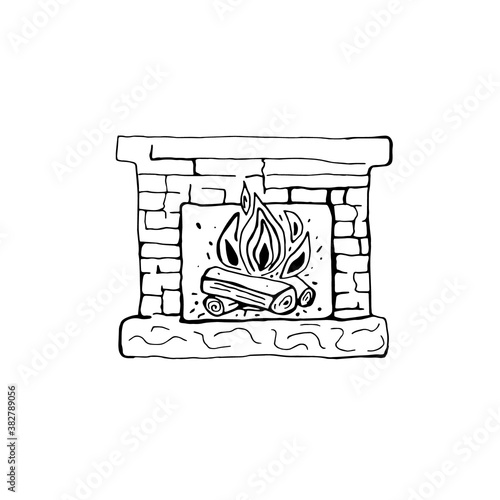 Brick fireplace with wood and fire. Vector illustration in Doodle style. You can use it for the design of printed products, social networks as a decorative element.