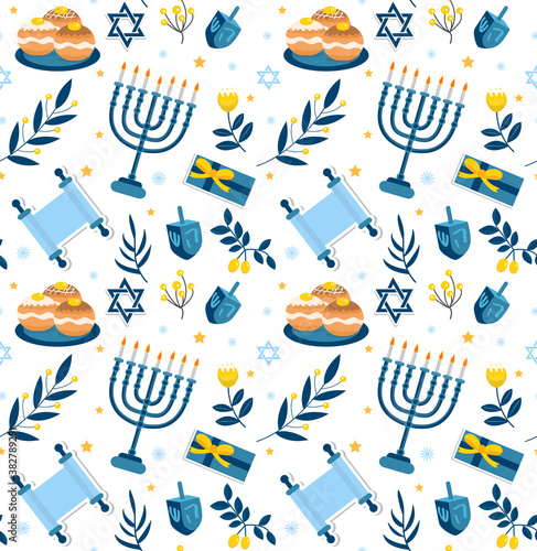 Happy hanukkah seamless pattern. Hanukkah Jewish holiday repeating texture, endless background. Vector illustration