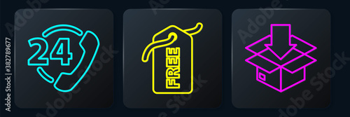 Set line Telephone 24 hours support, Cardboard box with traffic symbol and Price tag with Free. Black square button. Vector.