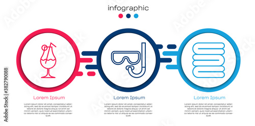 Set line Cocktail and alcohol drink, Diving mask and snorkel and Towel stack. Business infographic template. Vector.