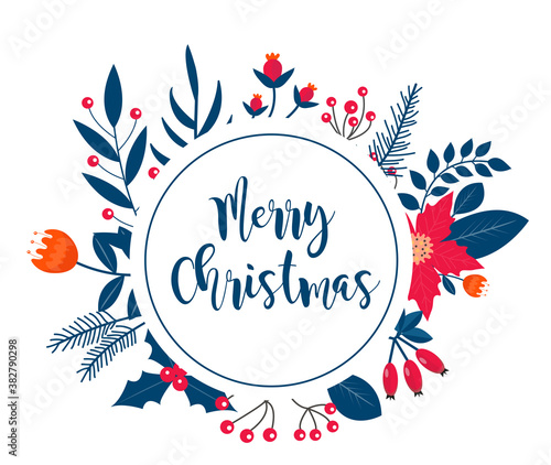 Merry Christmas frame banner with winter plants, holly, poinsettia, fir branch, pine. Template for your design, postcards, invitations. Vector illustration
