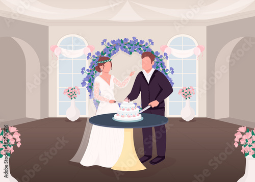 Cutting cake tradition flat color vector illustration. Wedding tradition. Newlyweds eat celebratory food. Bride and groom 2D cartoon characters with ceremonial hall interior on background