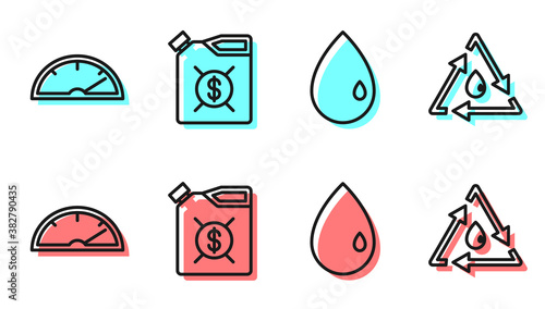 Set line Oil drop, Speedometer, Canister for motor machine oil and Oil drop with recycle icon. Vector.