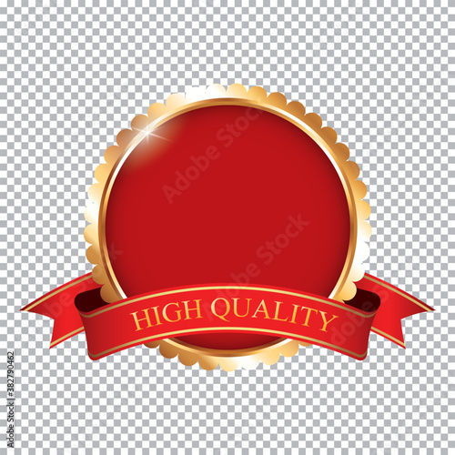 red award banner with golden frame and ribbon with text "HIGH QUALITY" on transparent background	
