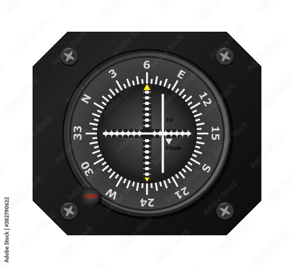 VOR indicator in airplane's cockpit. Instrument for navigation support. Civil aviation. VOR indicator in airplane's cockpit. Instrument for navigation support. Civil aviation.