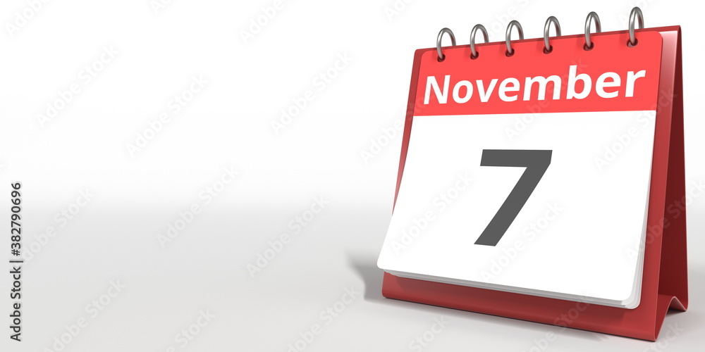 November 7 date on the flip calendar page, 3d rendering November 7 date on the flip calendar page, 3d rendering