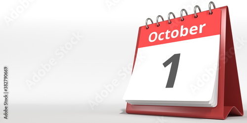 October 1 date on the flip calendar page, 3d rendering