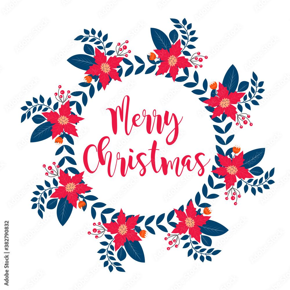 Obraz premium Merry Christmas frame banner with winter plants, holly, poinsettia, fir branch, pine. Template for your design, postcards, invitations. Vector illustration