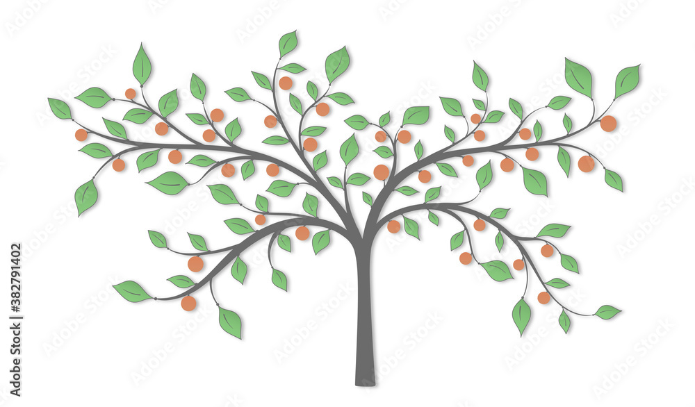 A blooming tree with green leaves and red fruit on a white background A blooming tree with green leaves and red fruit on a white background