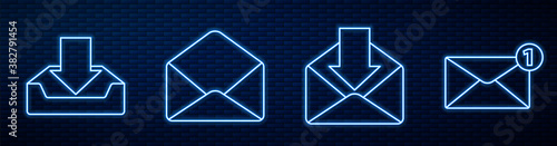 Set line Envelope, Download inbox, Envelope, Envelope and Mail and e-mail. Glowing neon icon on brick wall. Vector.
