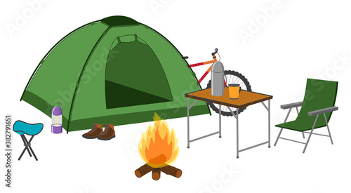Set of camping equipment. Tent and folding furniture near the campfire. Isolated objects on white background. Vector illustration.