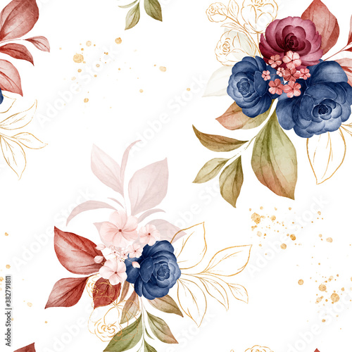 Gold floral seamless pattern of navy blue and brown watercolor roses and wild flowers arrangements on white background for fashion, print, textile, fabric, and card background