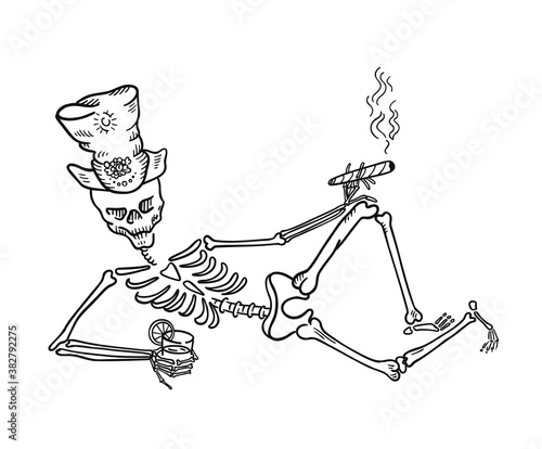 Skeleton in a hat with a cigar and a drink. Halloween symbols. Hand drawn sketch vector line.