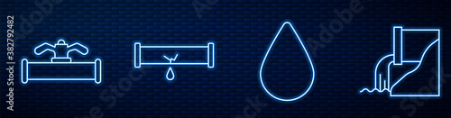 Set line Water drop, Industry pipe and valve, Broken pipe with leaking water and Wastewater. Glowing neon icon on brick wall. Vector.