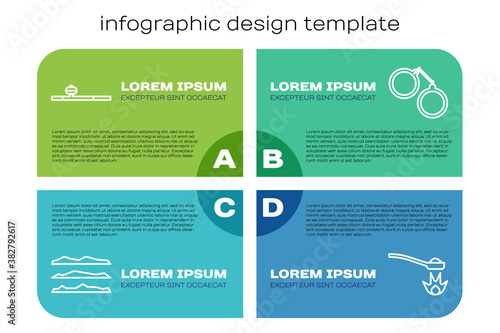 Set line Cocaine or heroin drug, Opium pipe, Heroin in a spoon and Handcuffs. Business infographic template. Vector.
