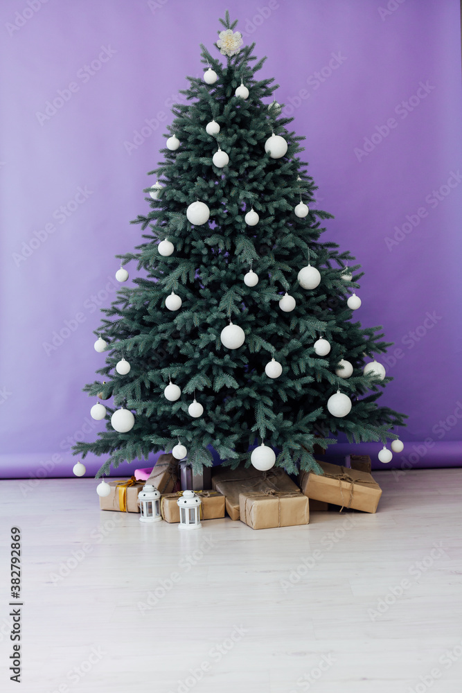 Christmas tree pine with gifts interior decor new year winter holiday