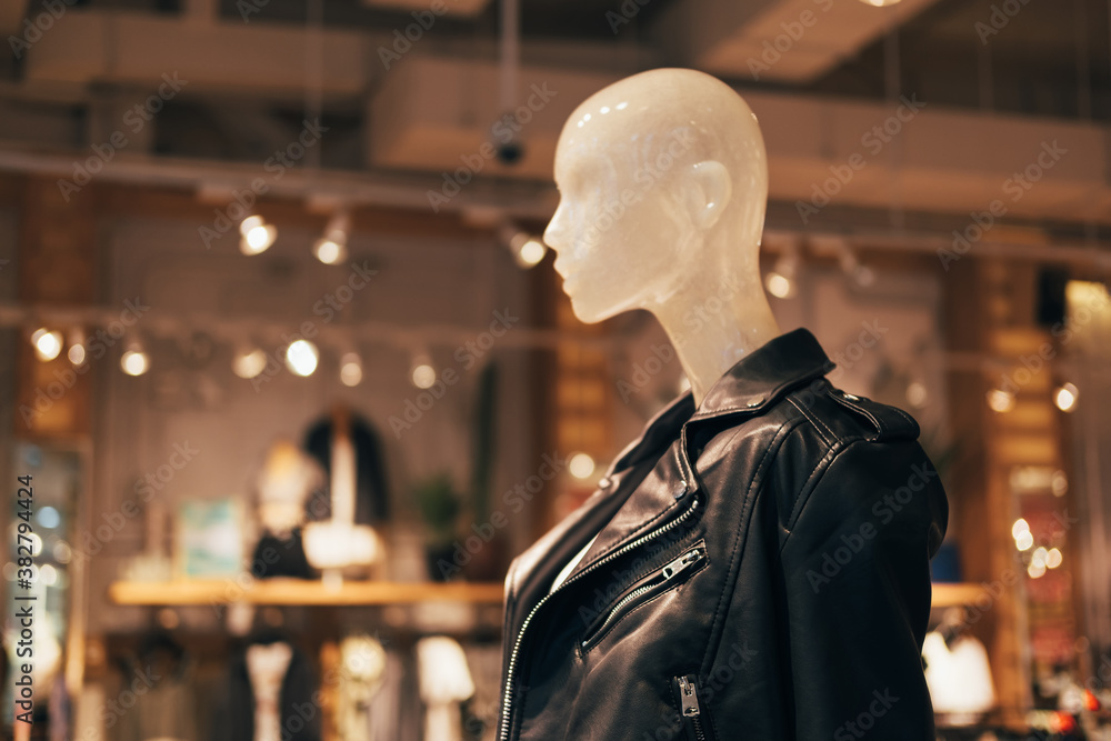 Mannequin in black leather jacket in Fashion Store for shopping, fashion and advertisement Mannequin in black leather jacket in Fashion Store for shopping, fashion and advertisement